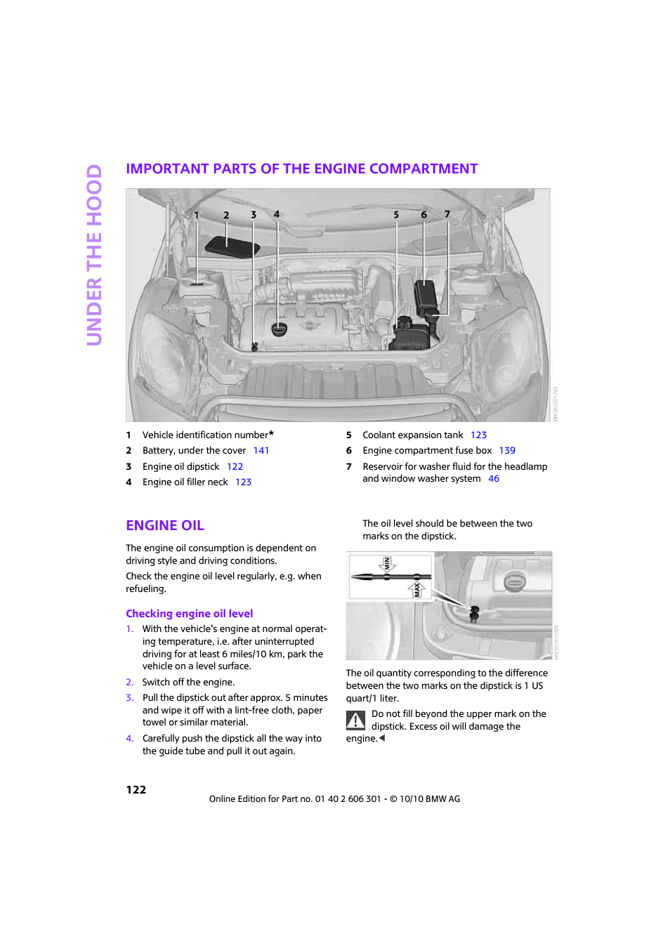 Important parts of the engine compartment, Engine oil, Under the hood | Mini 2011 Countryman User Manual | Page 124 / 176