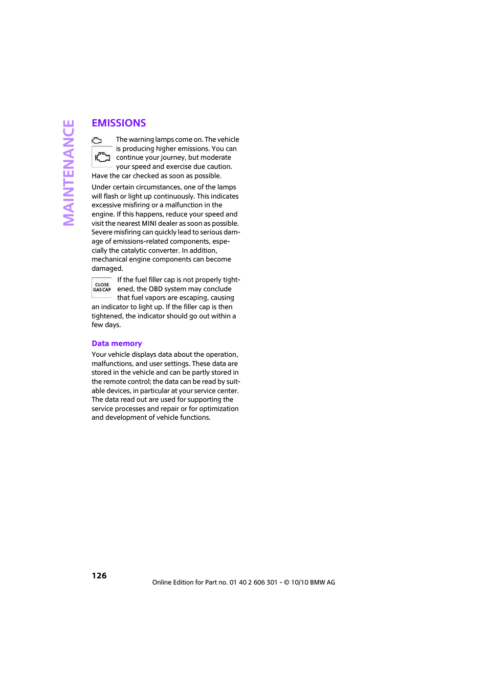 Emissions, Maintenance | Mini 2011 Countryman User Manual | Page 128 / 176