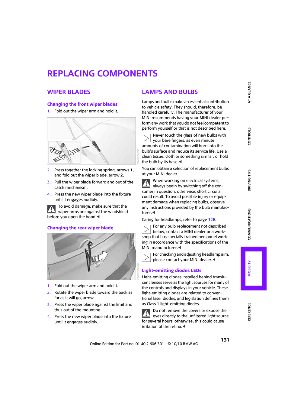 Replacing components, Wiper blades, Lamps and bulbs | Mini 2011 Countryman User Manual | Page 133 / 176