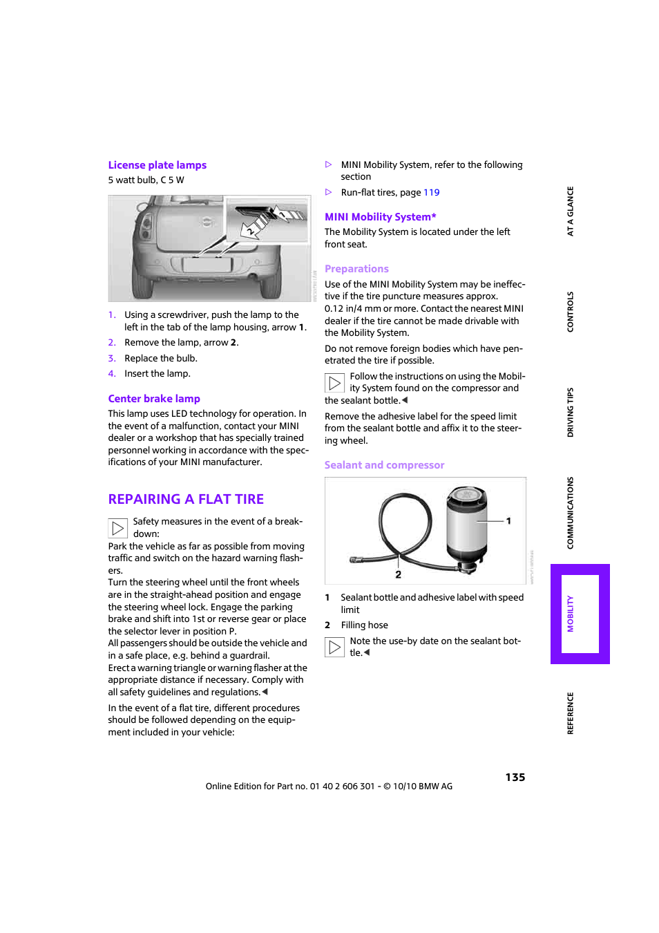 Repairing a flat tire | Mini 2011 Countryman User Manual | Page 137 / 176