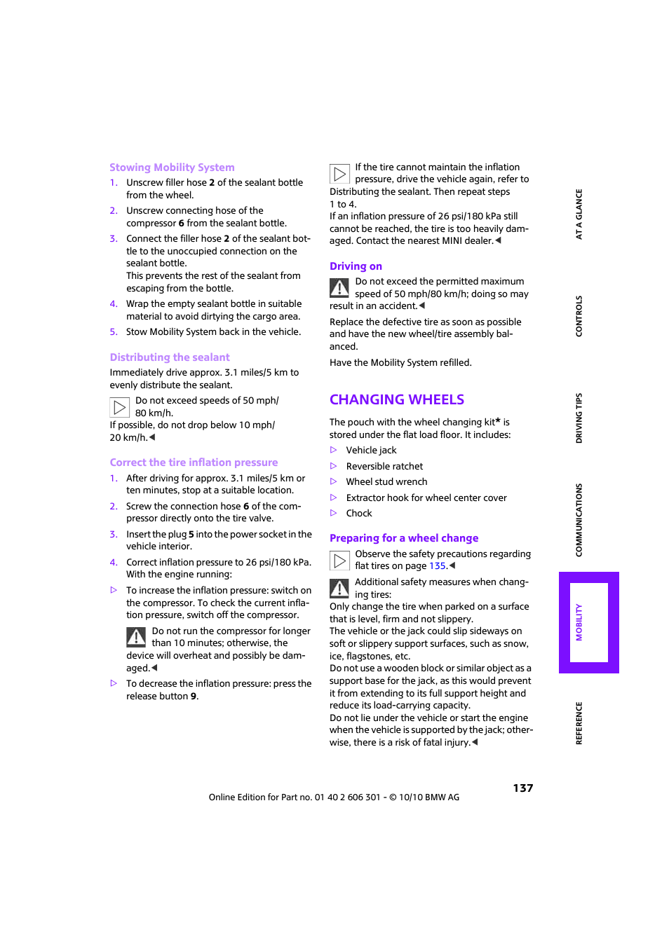Changing wheels | Mini 2011 Countryman User Manual | Page 139 / 176