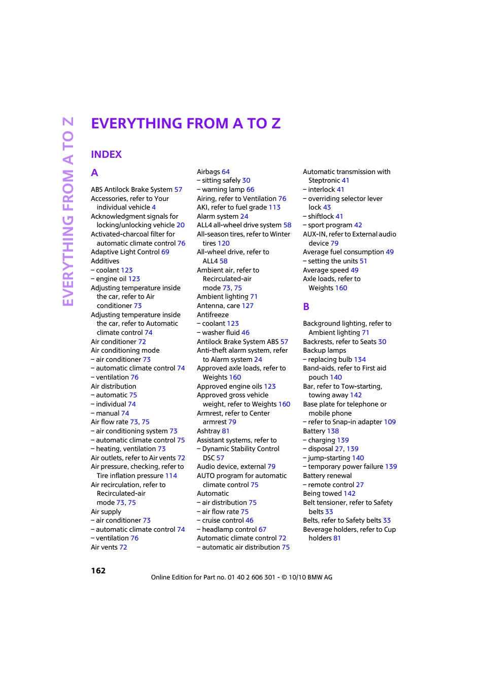 Everything from a to z, Index, Index a | Mini 2011 Countryman User Manual | Page 164 / 176