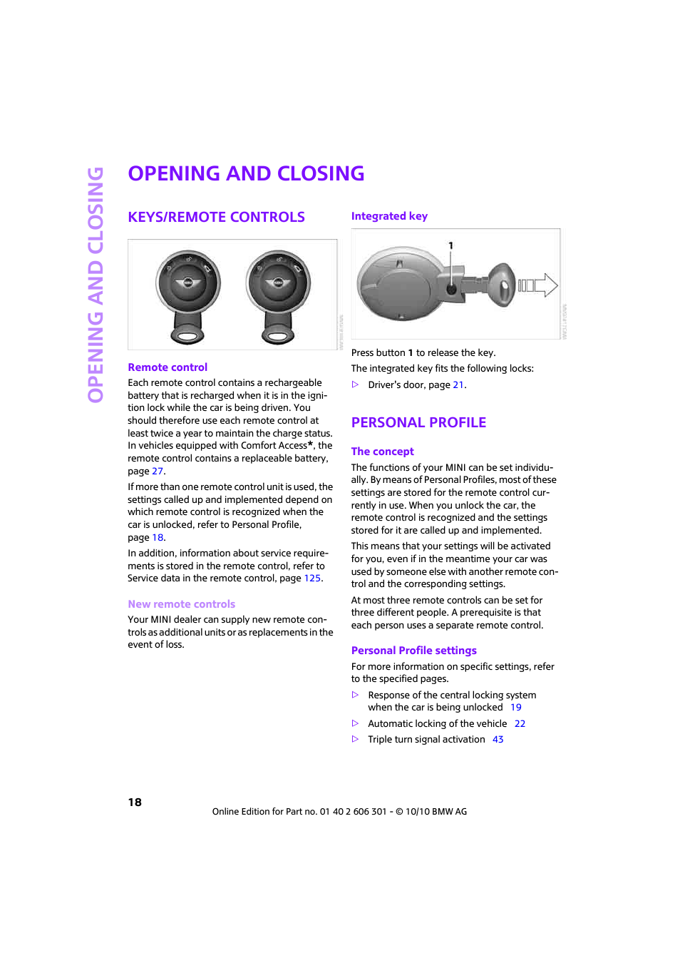 Opening and closing, Keys/remote controls, Personal profile | Controls | Mini 2011 Countryman User Manual | Page 20 / 176