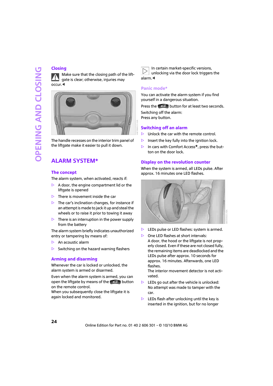 Alarm system, Opening and closing | Mini 2011 Countryman User Manual | Page 26 / 176