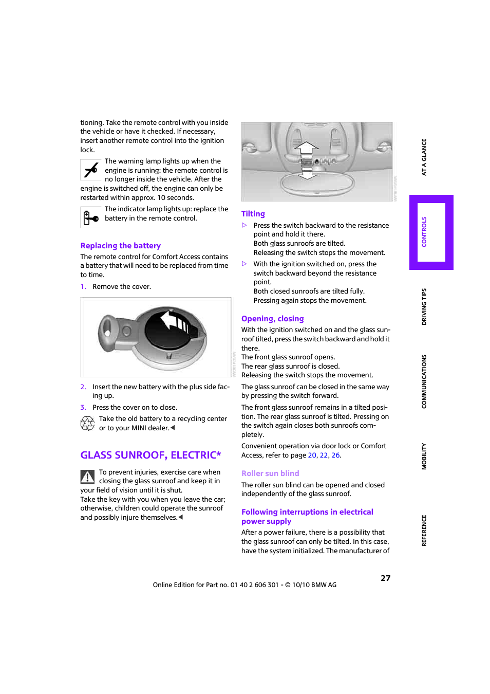 Glass sunroof, electric | Mini 2011 Countryman User Manual | Page 29 / 176