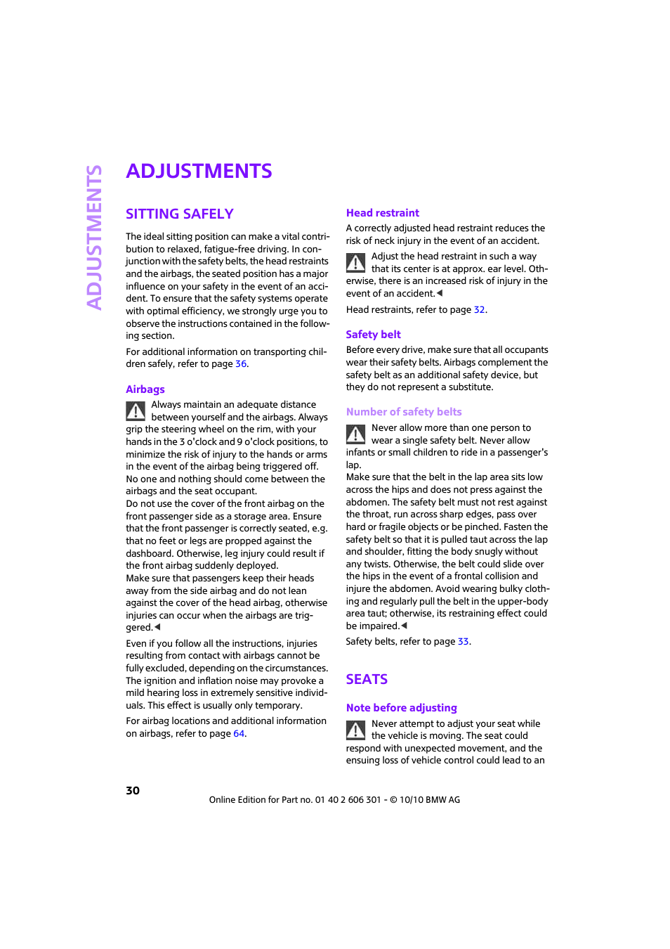 Adjustments, Sitting safely, Seats | Mini 2011 Countryman User Manual | Page 32 / 176