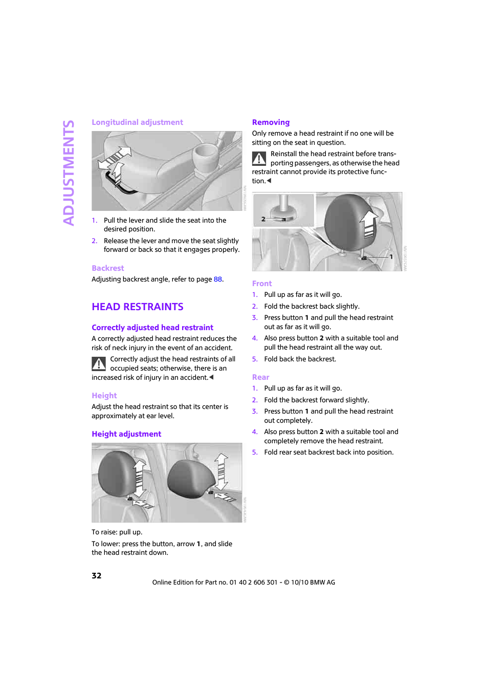 Head restraints, Adjustments | Mini 2011 Countryman User Manual | Page 34 / 176