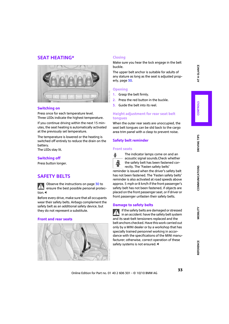 Seat heating, Safety belts | Mini 2011 Countryman User Manual | Page 35 / 176