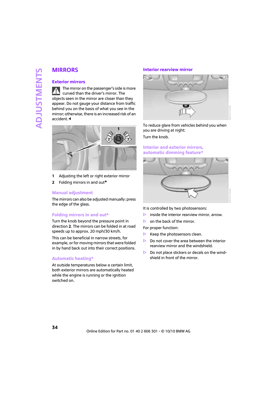 Mirrors, Adjustments | Mini 2011 Countryman User Manual | Page 36 / 176