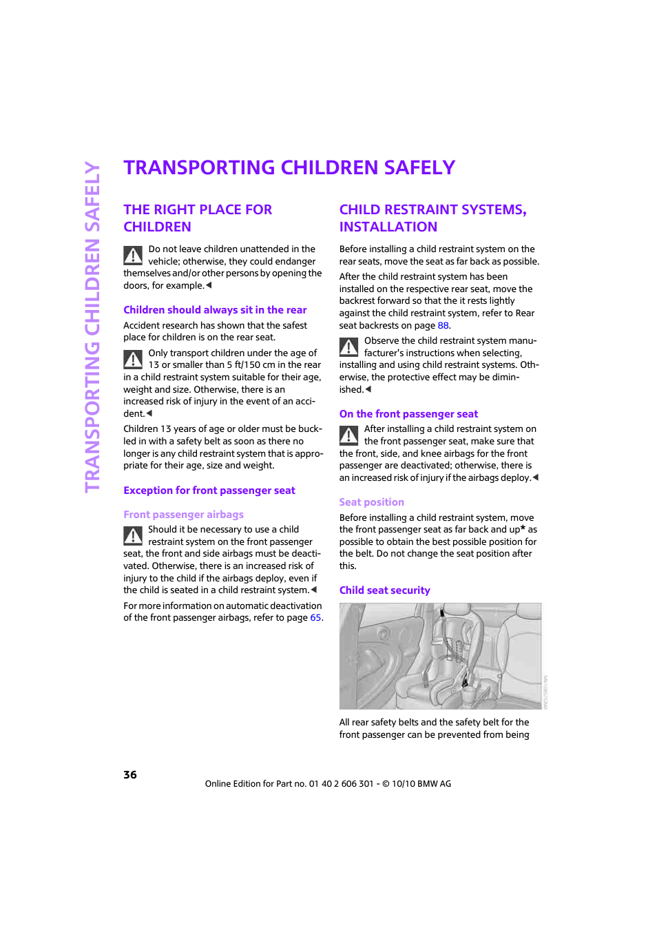 Transporting children safely, The right place for children, Child restraint systems, installation | Mini 2011 Countryman User Manual | Page 38 / 176