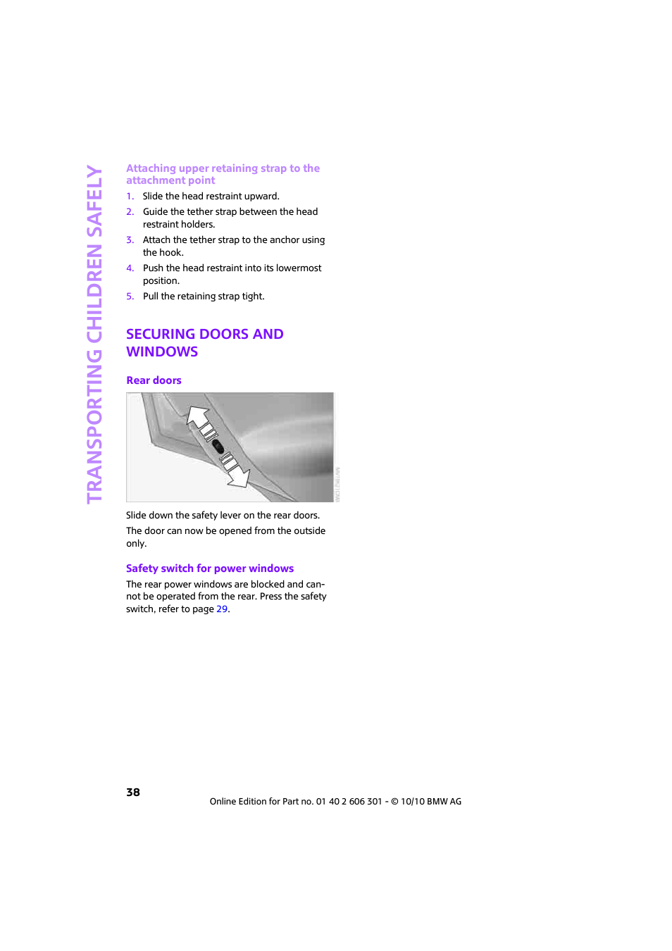 Securing doors and windows, Transporting children safely | Mini 2011 Countryman User Manual | Page 40 / 176