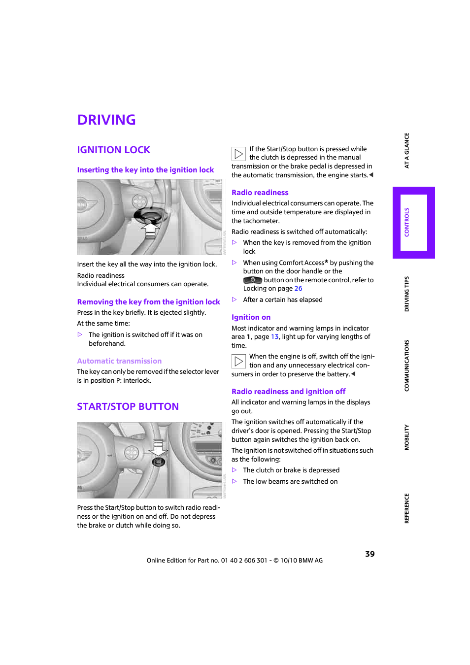 Driving, Ignition lock, Start/stop button | Mini 2011 Countryman User Manual | Page 41 / 176