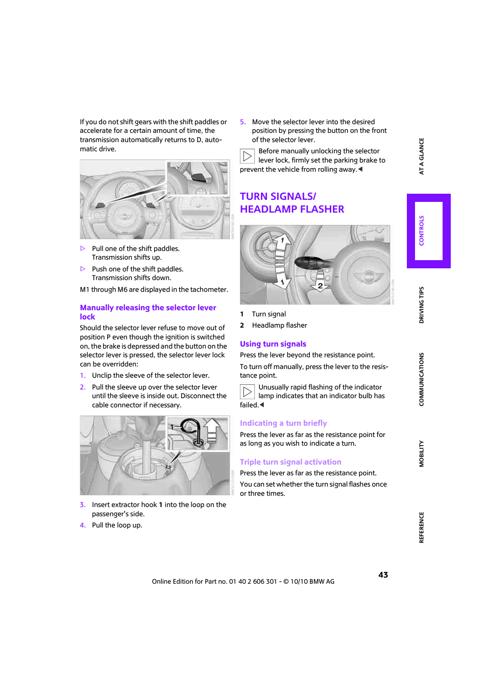 Turn signals/ headlamp flasher, Gnals, Asher | Vation | Mini 2011 Countryman User Manual | Page 45 / 176