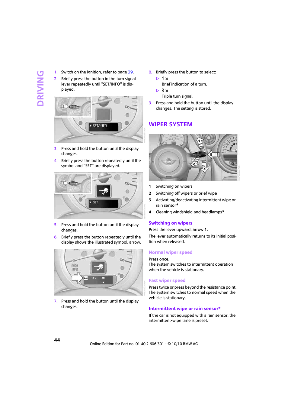 Wiper system, Driving | Mini 2011 Countryman User Manual | Page 46 / 176