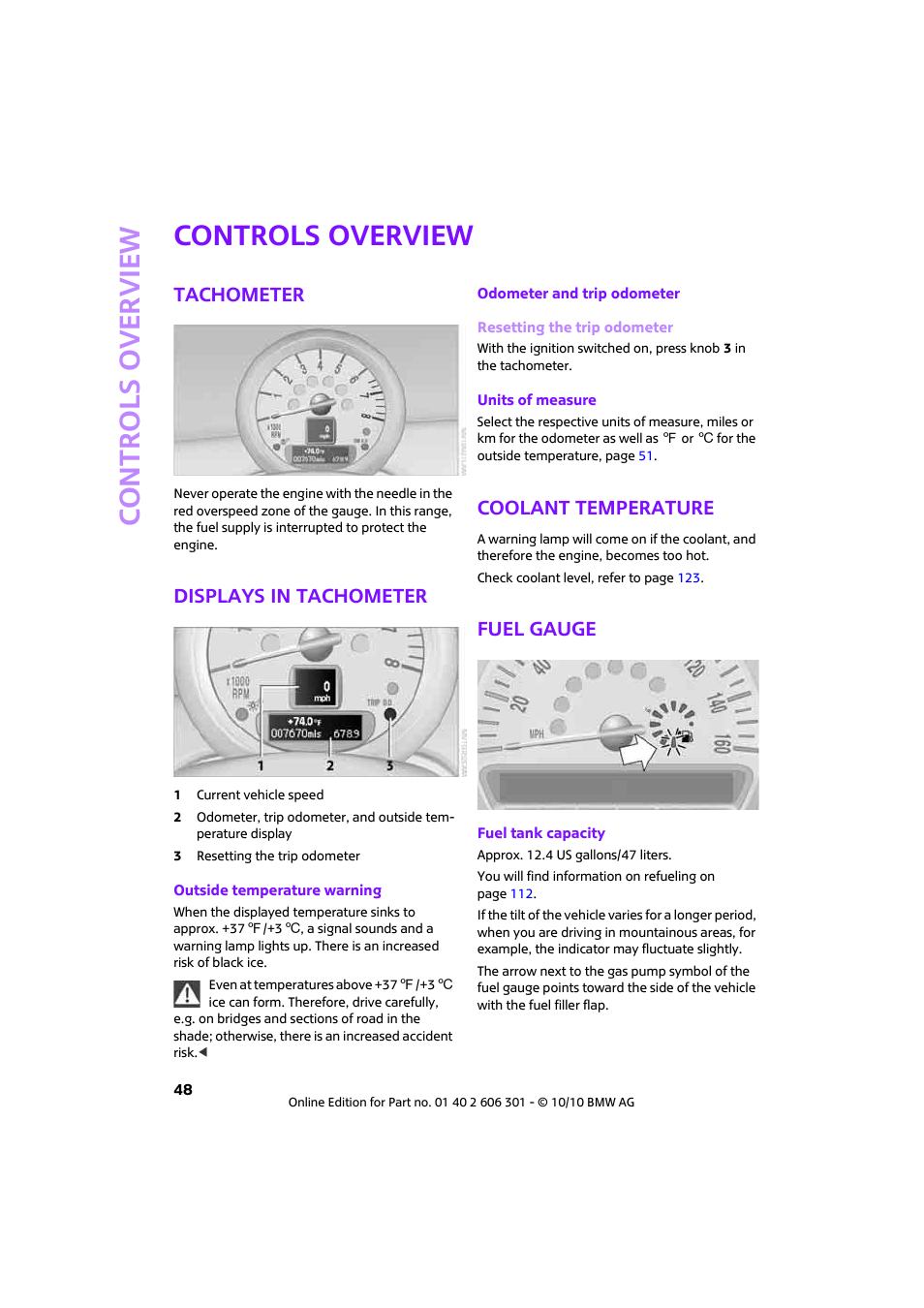 Controls overview, Tachometer, Displays in tachometer | Coolant temperature, Fuel gauge, Eter, Perature | Mini 2011 Countryman User Manual | Page 50 / 176