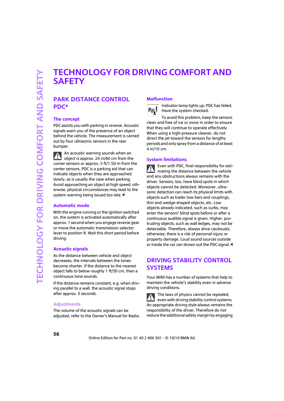 Technology for driving comfort and safety, Park distance control pdc, Driving stability control systems | Mini 2011 Countryman User Manual | Page 58 / 176