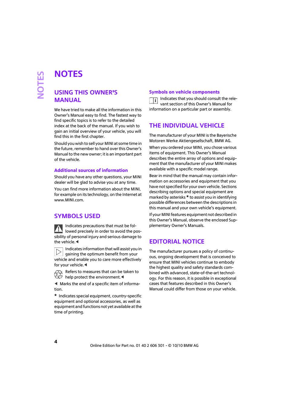 Notes, Using this owner's manual, Symbols used | The individual vehicle, Editorial notice | Mini 2011 Countryman User Manual | Page 6 / 176