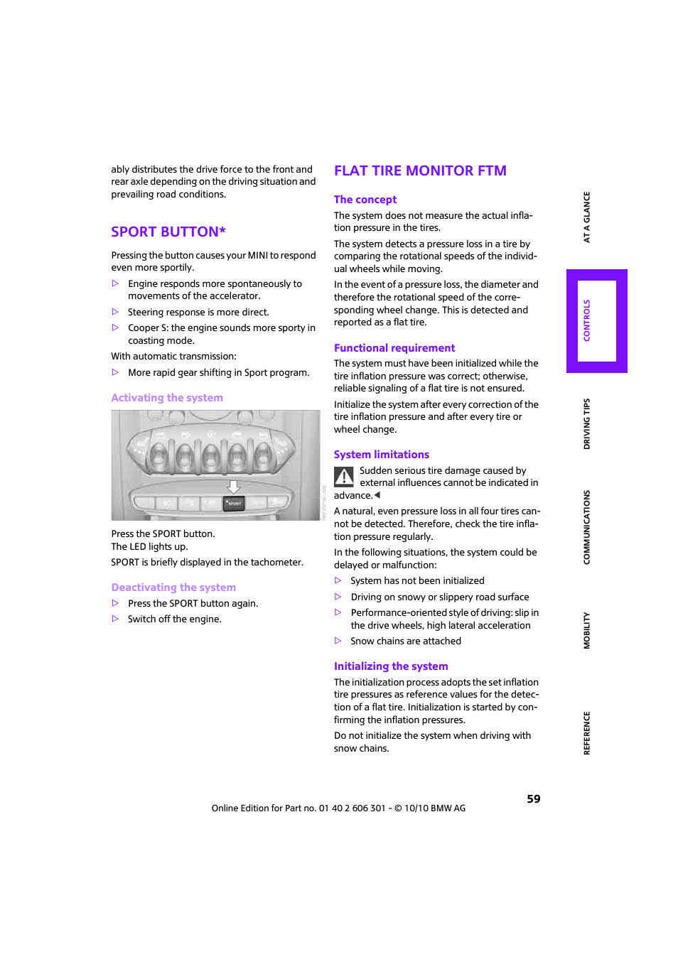 Sport button, Flat tire monitor ftm | Mini 2011 Countryman User Manual | Page 61 / 176