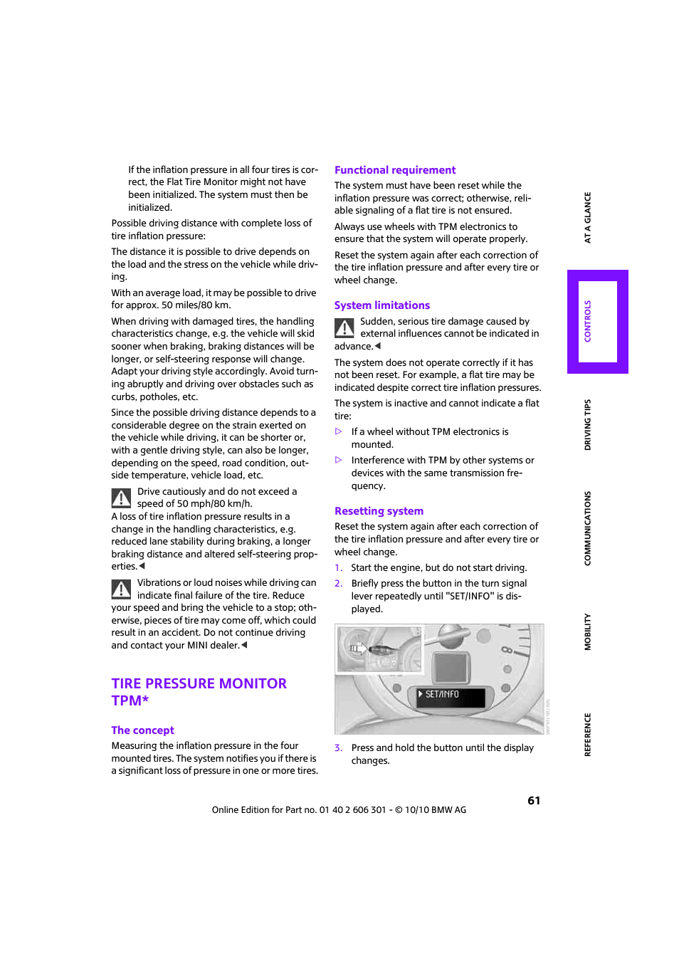 Tire pressure monitor tpm | Mini 2011 Countryman User Manual | Page 63 / 176