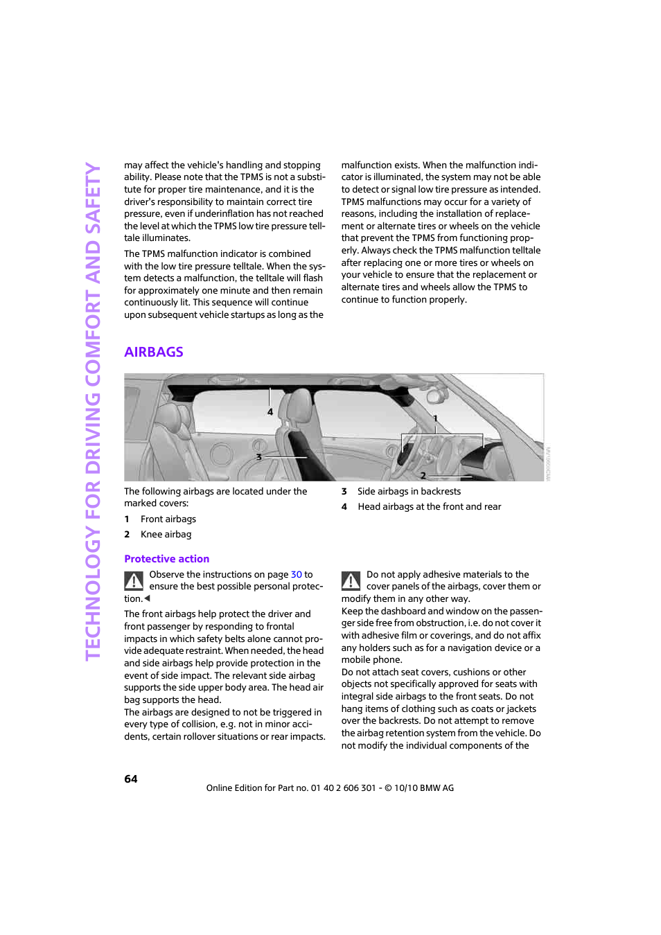 Airbags, Technology for driving comfort and safety | Mini 2011 Countryman User Manual | Page 66 / 176
