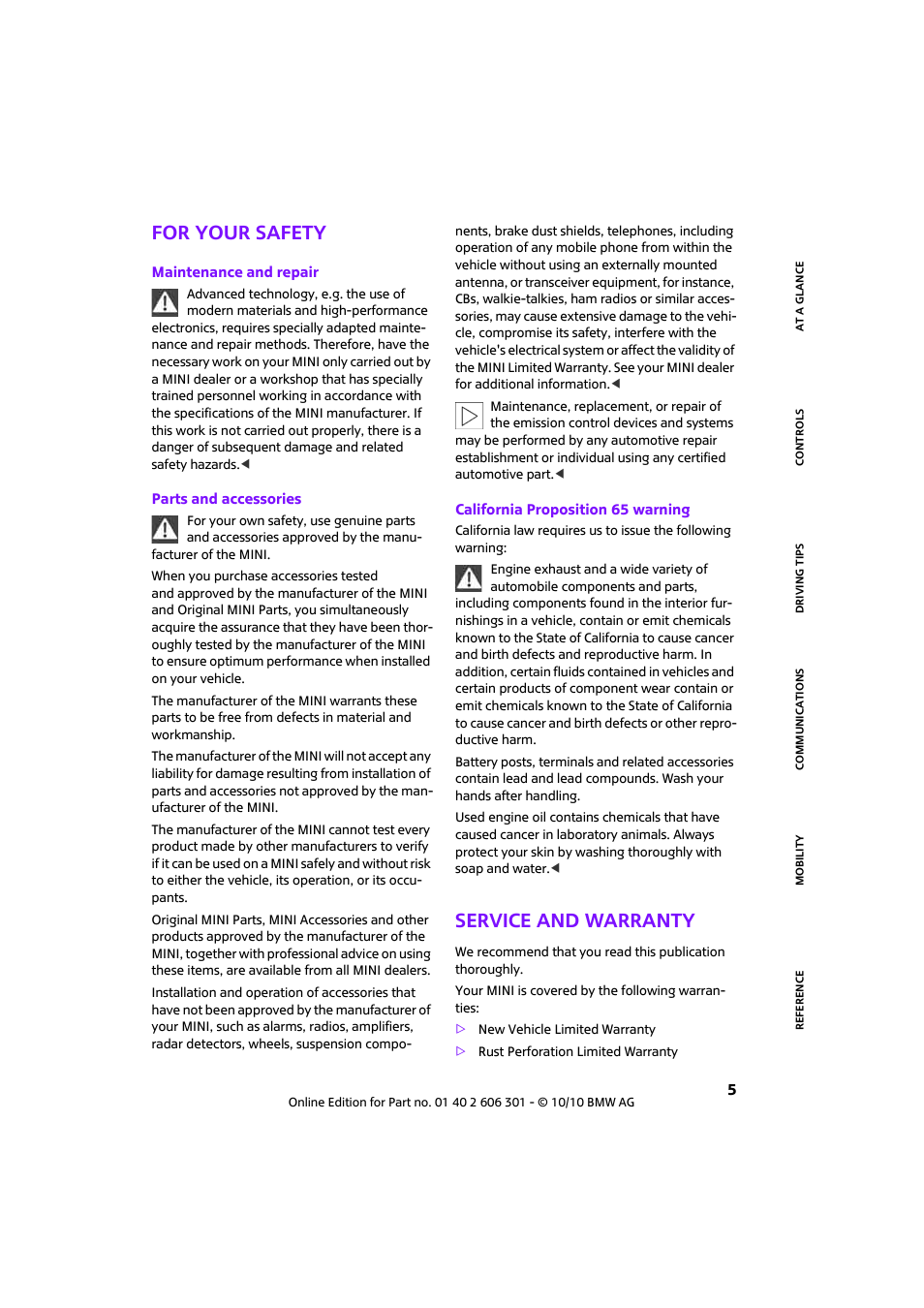 For your safety, Service and warranty | Mini 2011 Countryman User Manual | Page 7 / 176