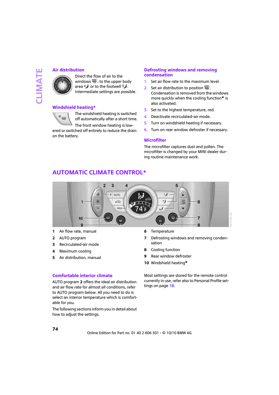 Automatic climate control, Climate | Mini 2011 Countryman User Manual | Page 76 / 176