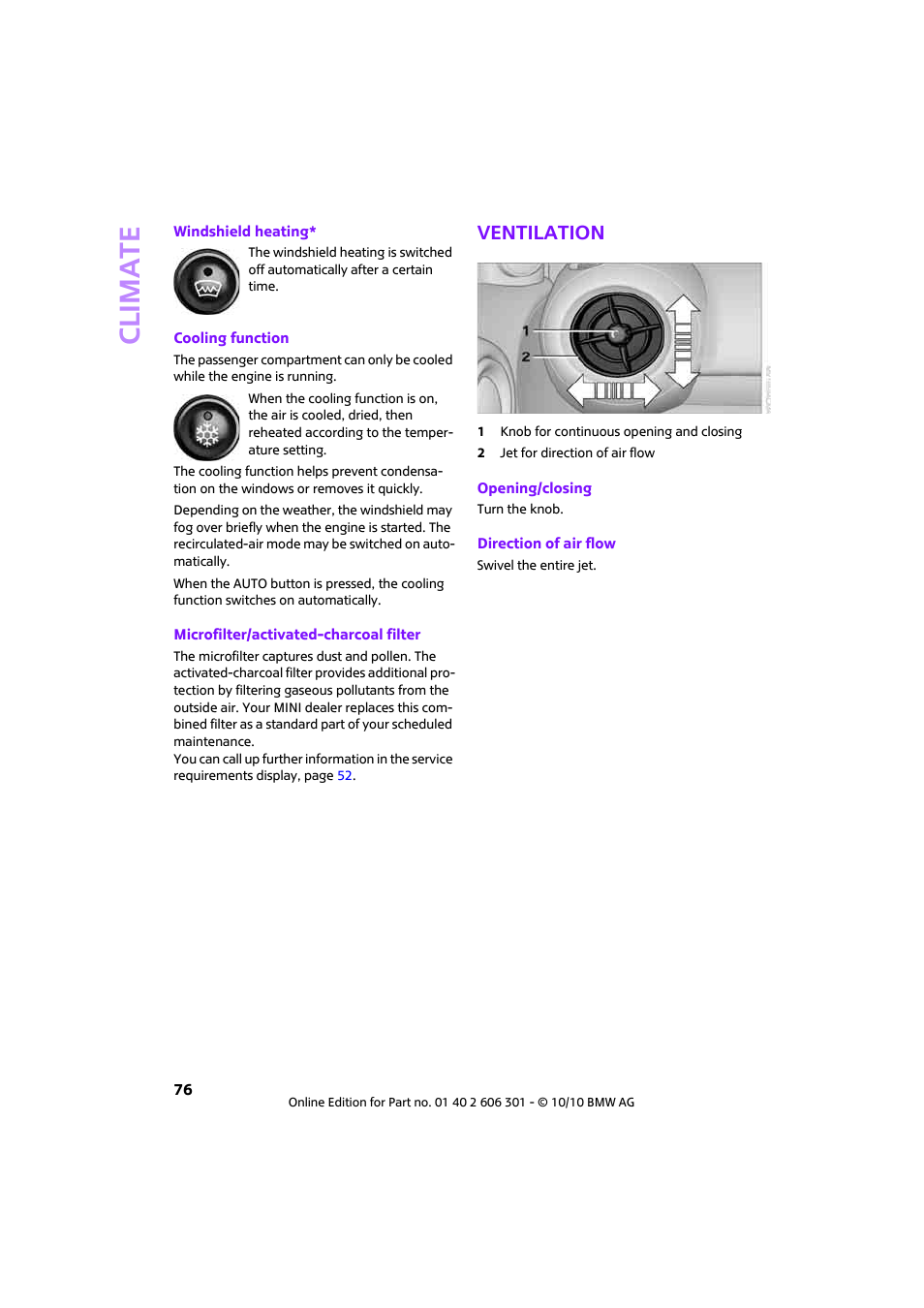 Ventilation, Climate | Mini 2011 Countryman User Manual | Page 78 / 176