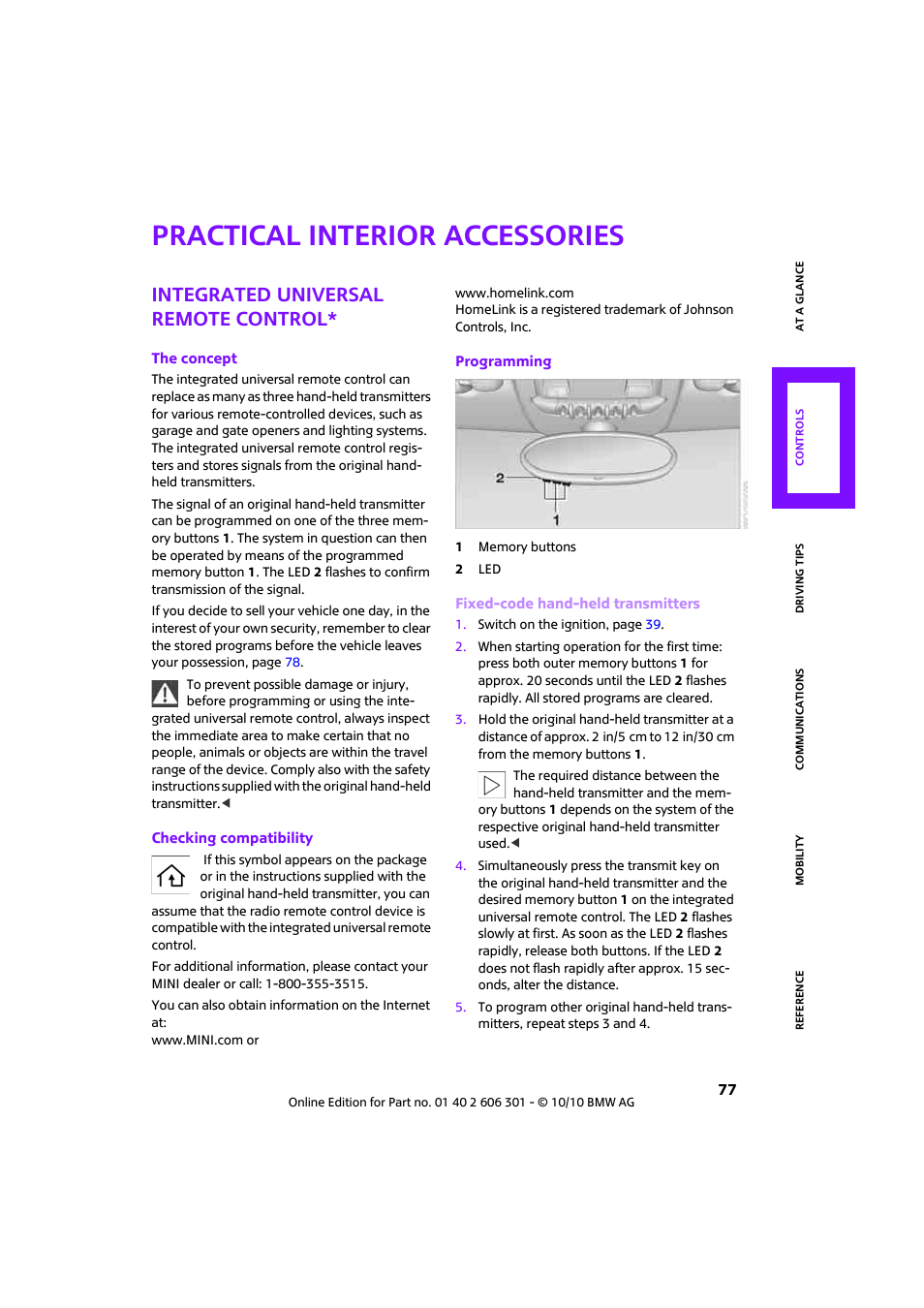 Practical interior accessories, Integrated universal remote control | Mini 2011 Countryman User Manual | Page 79 / 176