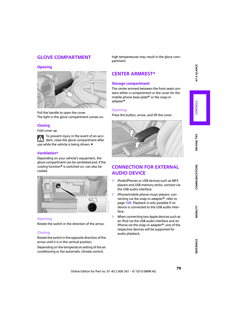 Glove compartment, Center armrest, Connection for external audio device | Mini 2011 Countryman User Manual | Page 81 / 176