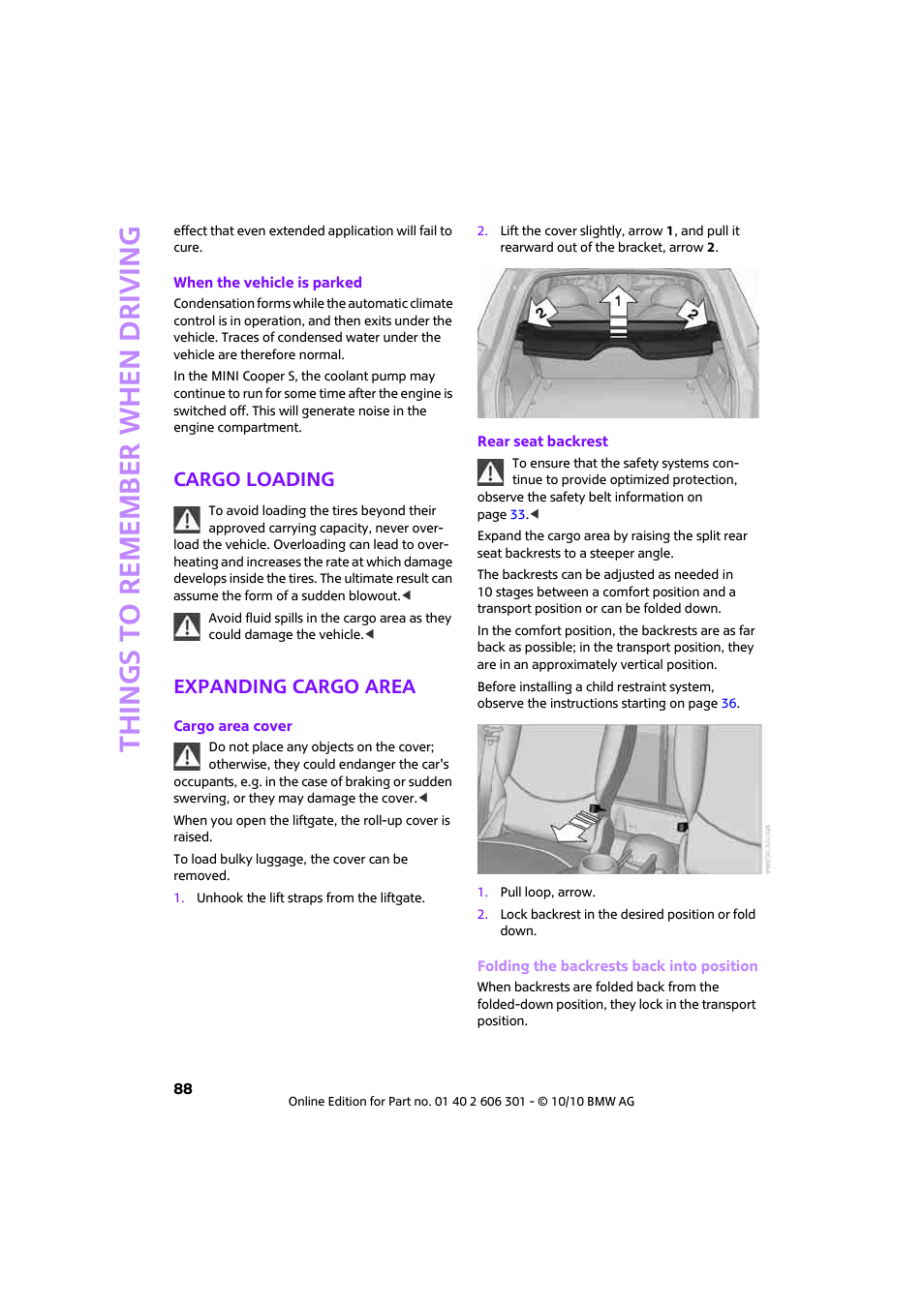 Cargo loading, Expanding cargo area, Things to remember when driving | Mini 2011 Countryman User Manual | Page 90 / 176