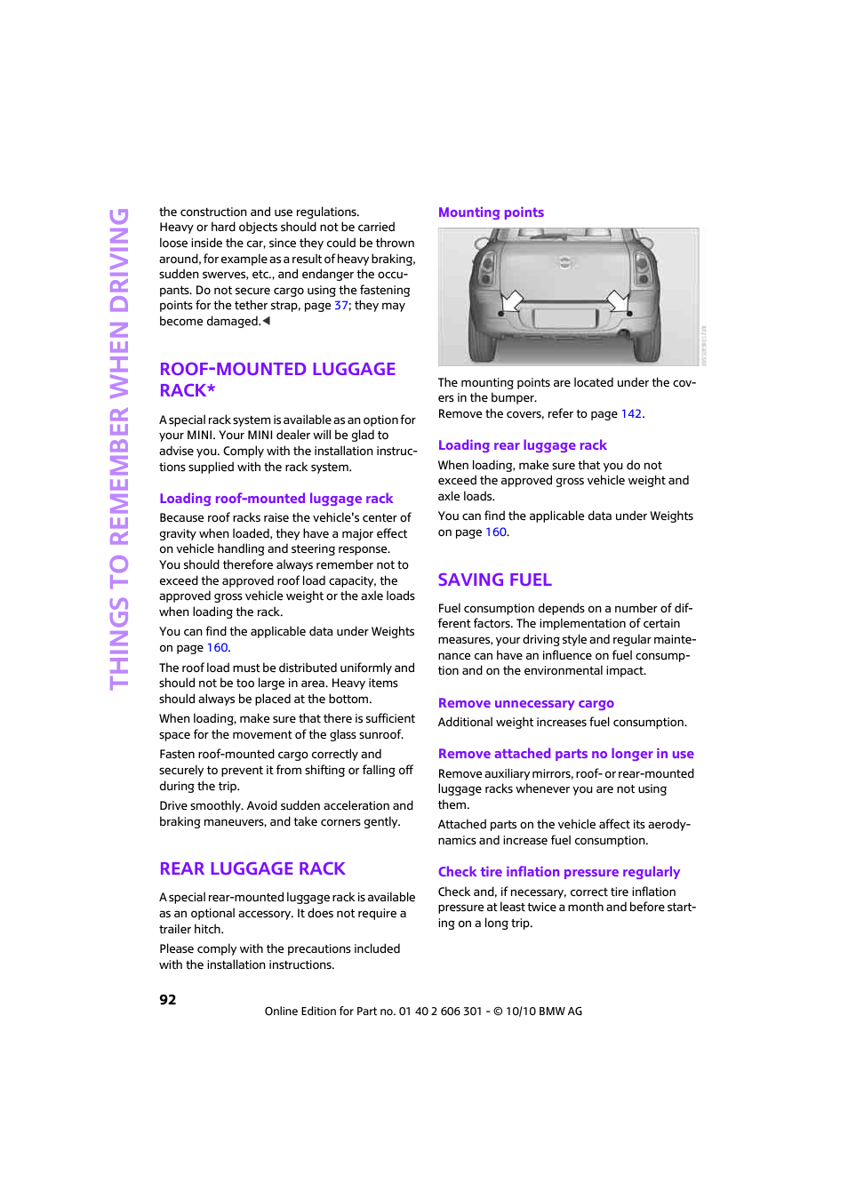 Roof-mounted luggage rack, Rear luggage rack, Saving fuel | Things to remember when driving | Mini 2011 Countryman User Manual | Page 94 / 176