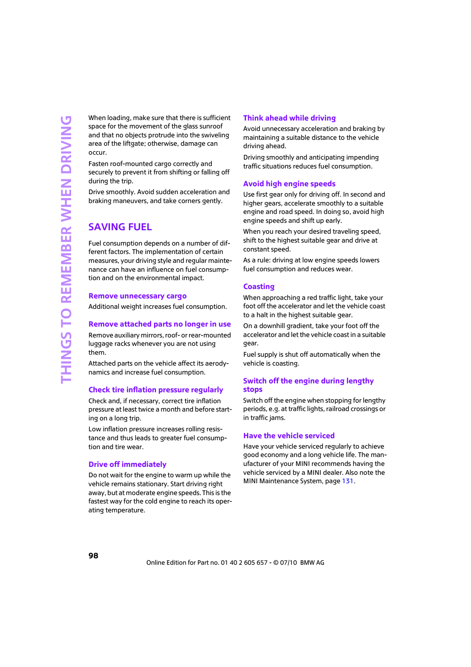 Saving fuel, Things to remember when driving | Mini 2011 Cooper Convertible User Manual | Page 100 / 186
