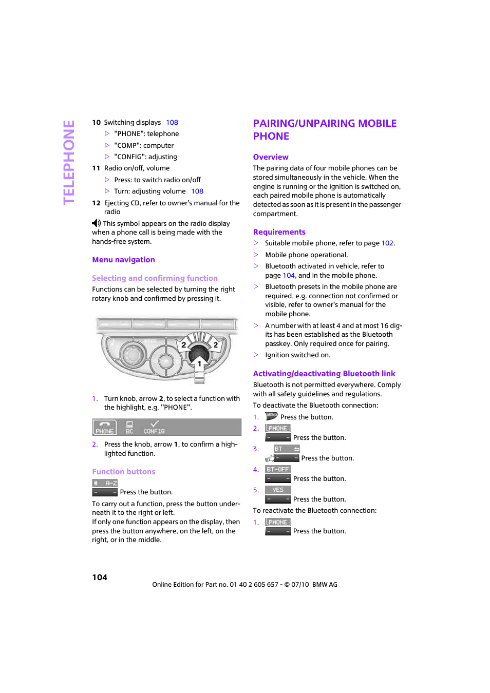 Pairing/unpairing mobile phone, Telephone | Mini 2011 Cooper Convertible User Manual | Page 106 / 186