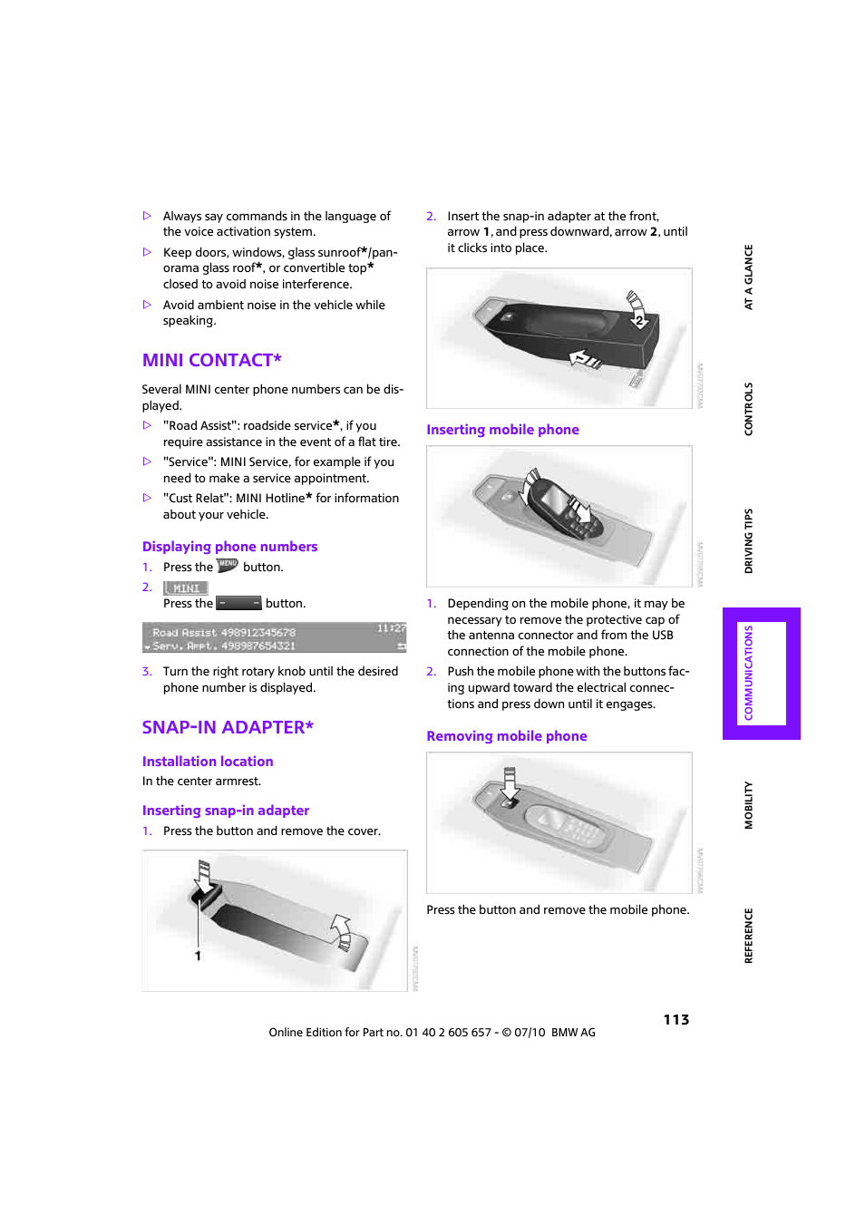 Mini contact, Snap-in adapter | Mini 2011 Cooper Convertible User Manual | Page 115 / 186