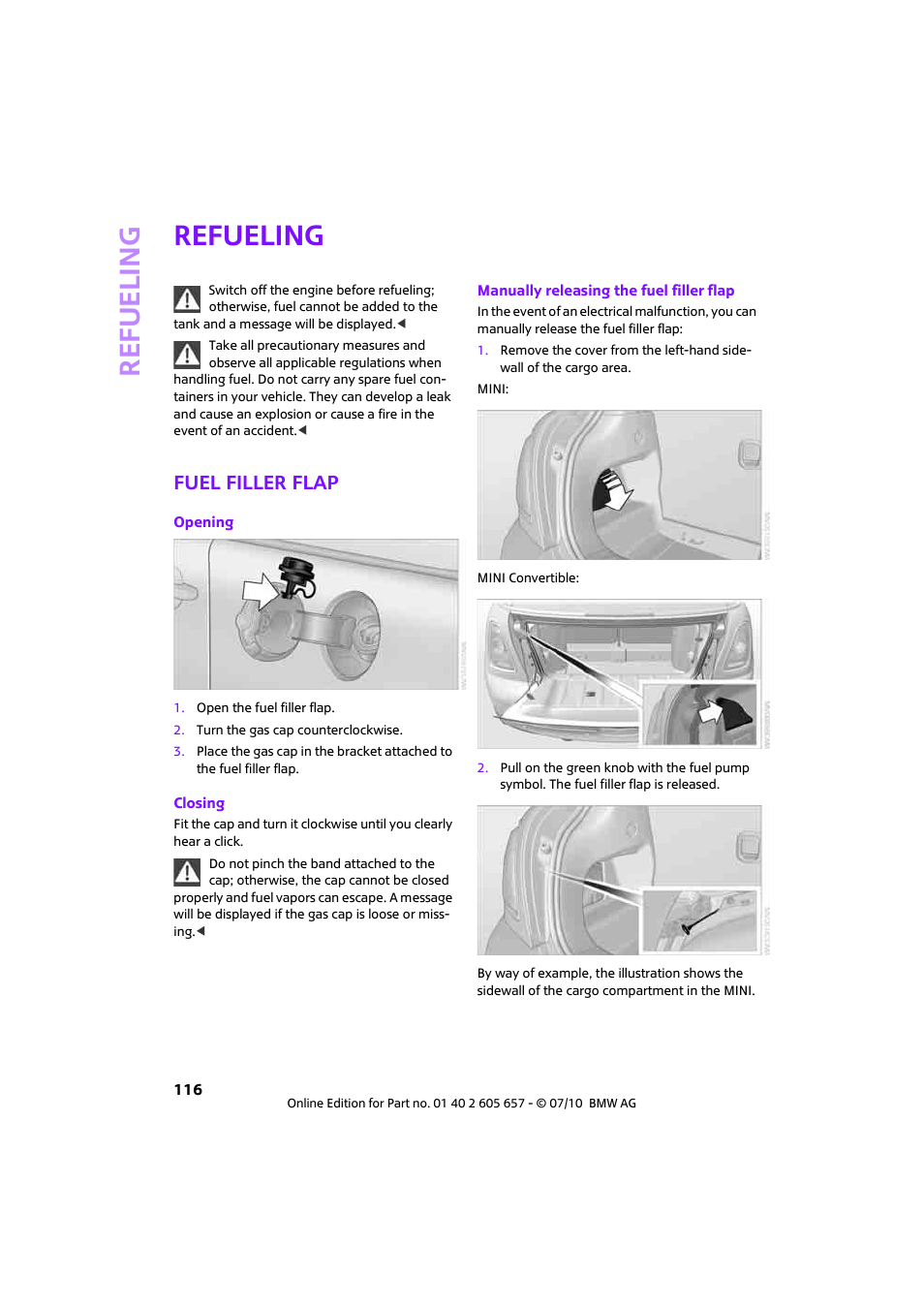 Refueling, Fuel filler flap | Mini 2011 Cooper Convertible User Manual | Page 118 / 186