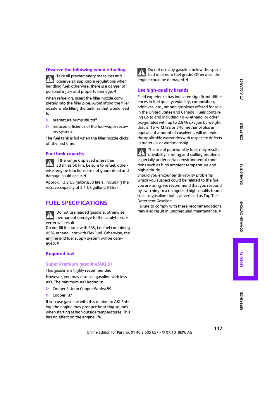 Fuel specifications | Mini 2011 Cooper Convertible User Manual | Page 119 / 186