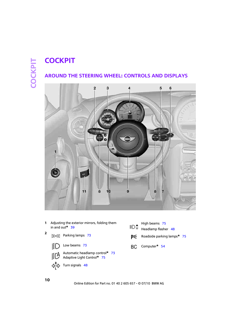 Cockpit, Around the steering wheel: controls and displays, Co ckpit | Mini 2011 Cooper Convertible User Manual | Page 12 / 186