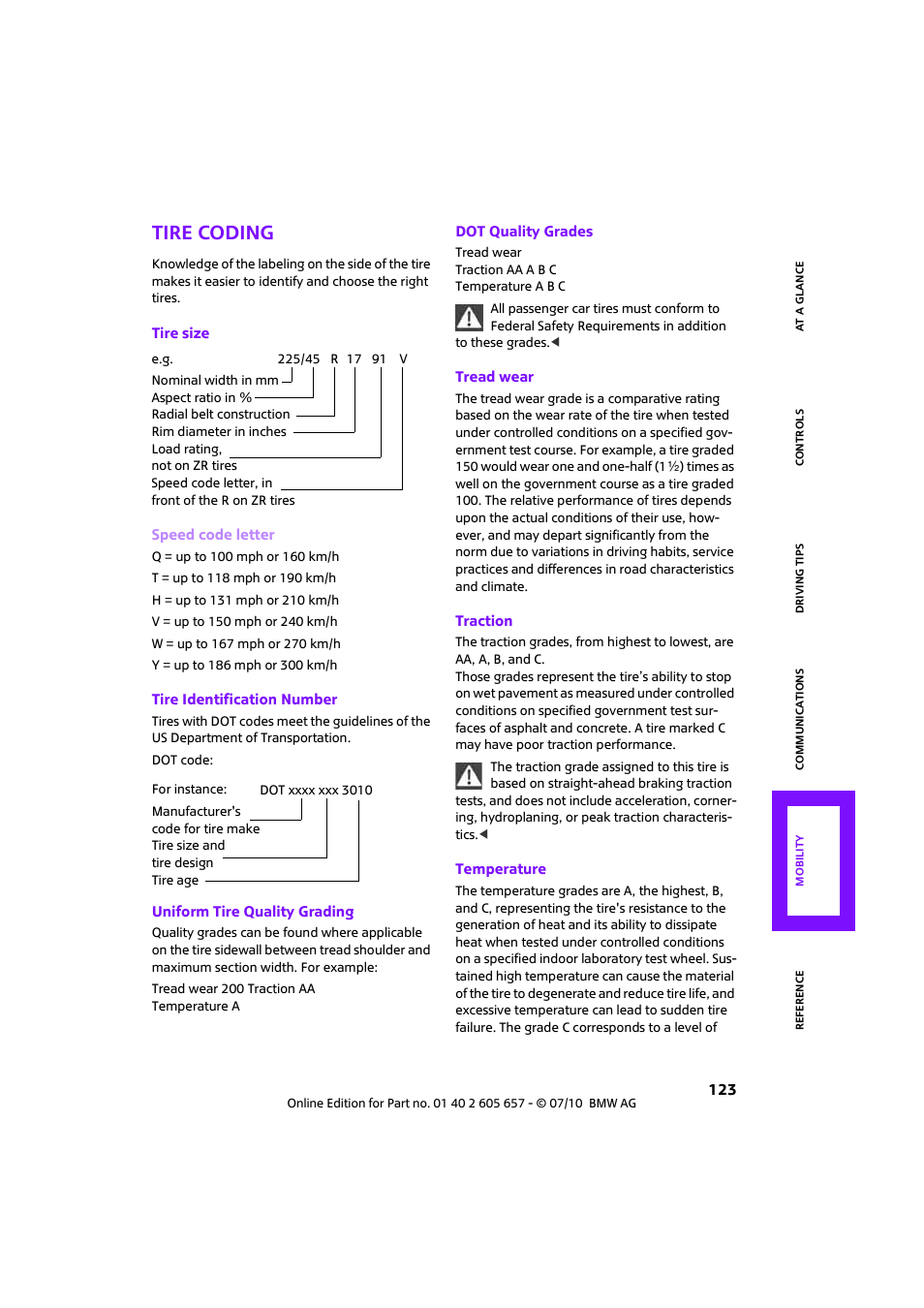 Tire coding | Mini 2011 Cooper Convertible User Manual | Page 125 / 186