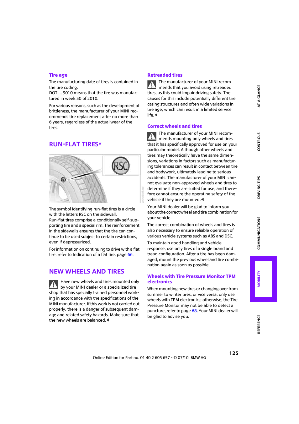 Run-flat tires, New wheels and tires, Are i | Mini 2011 Cooper Convertible User Manual | Page 127 / 186