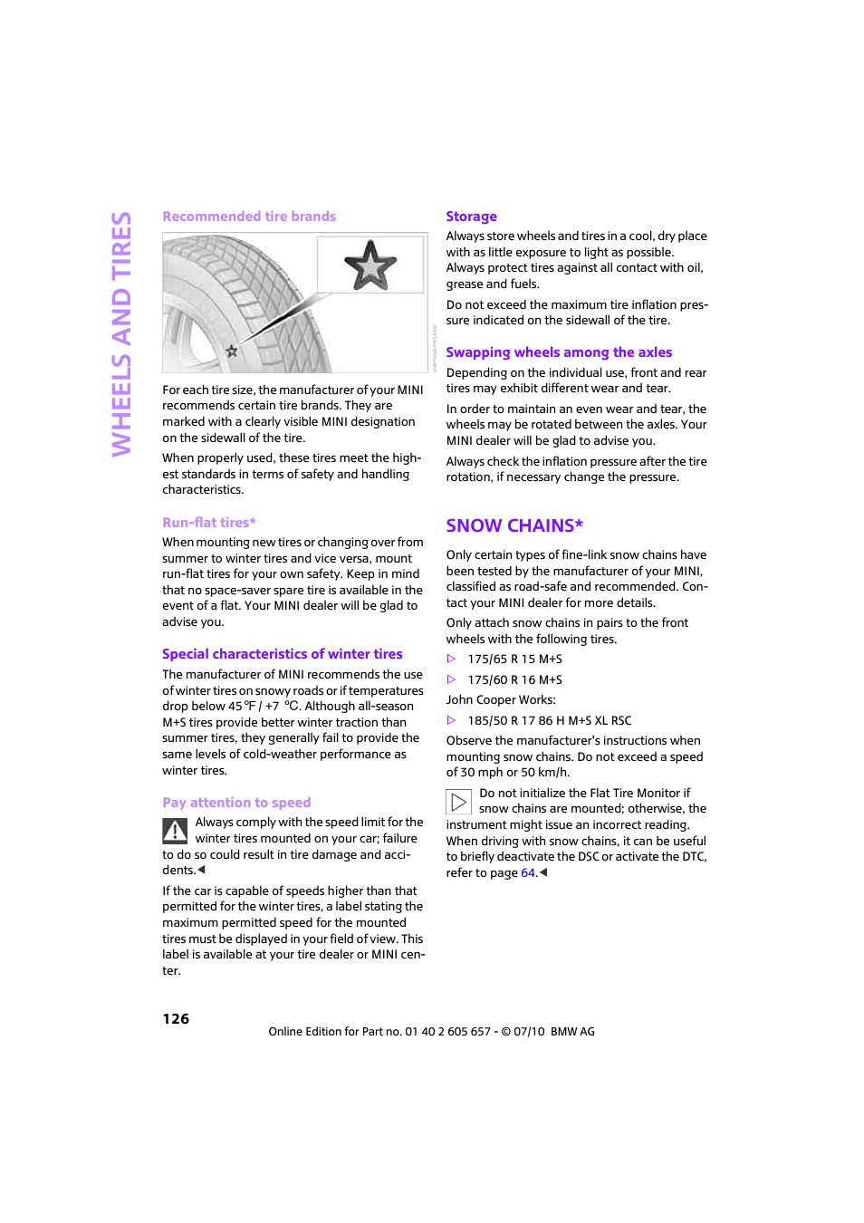 Snow chains, Whee ls and tire s | Mini 2011 Cooper Convertible User Manual | Page 128 / 186