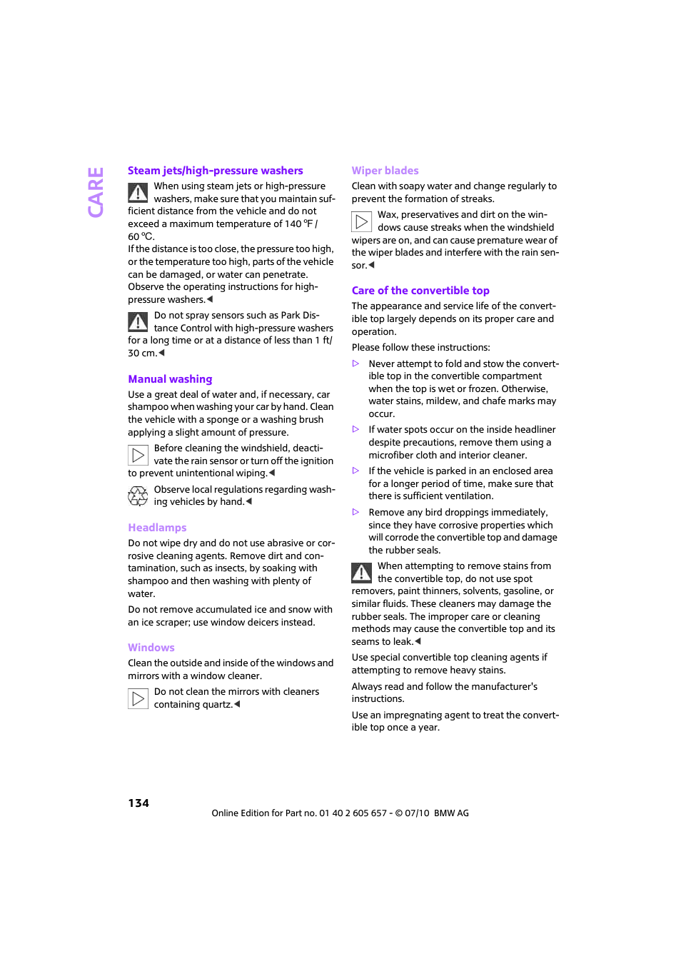 Care | Mini 2011 Cooper Convertible User Manual | Page 136 / 186