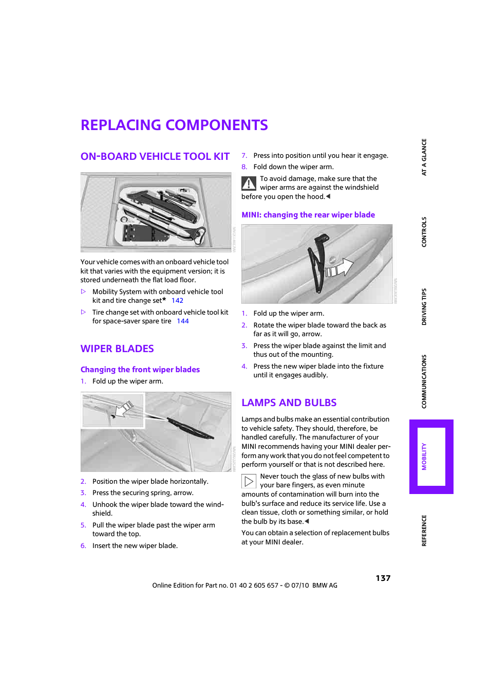 Replacing components, On-board vehicle tool kit, Wiper blades | Lamps and bulbs | Mini 2011 Cooper Convertible User Manual | Page 139 / 186