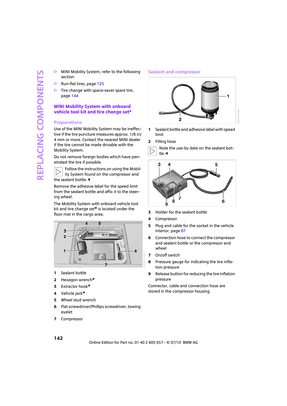 Re p la c ing co mp o n en ts | Mini 2011 Cooper Convertible User Manual | Page 144 / 186