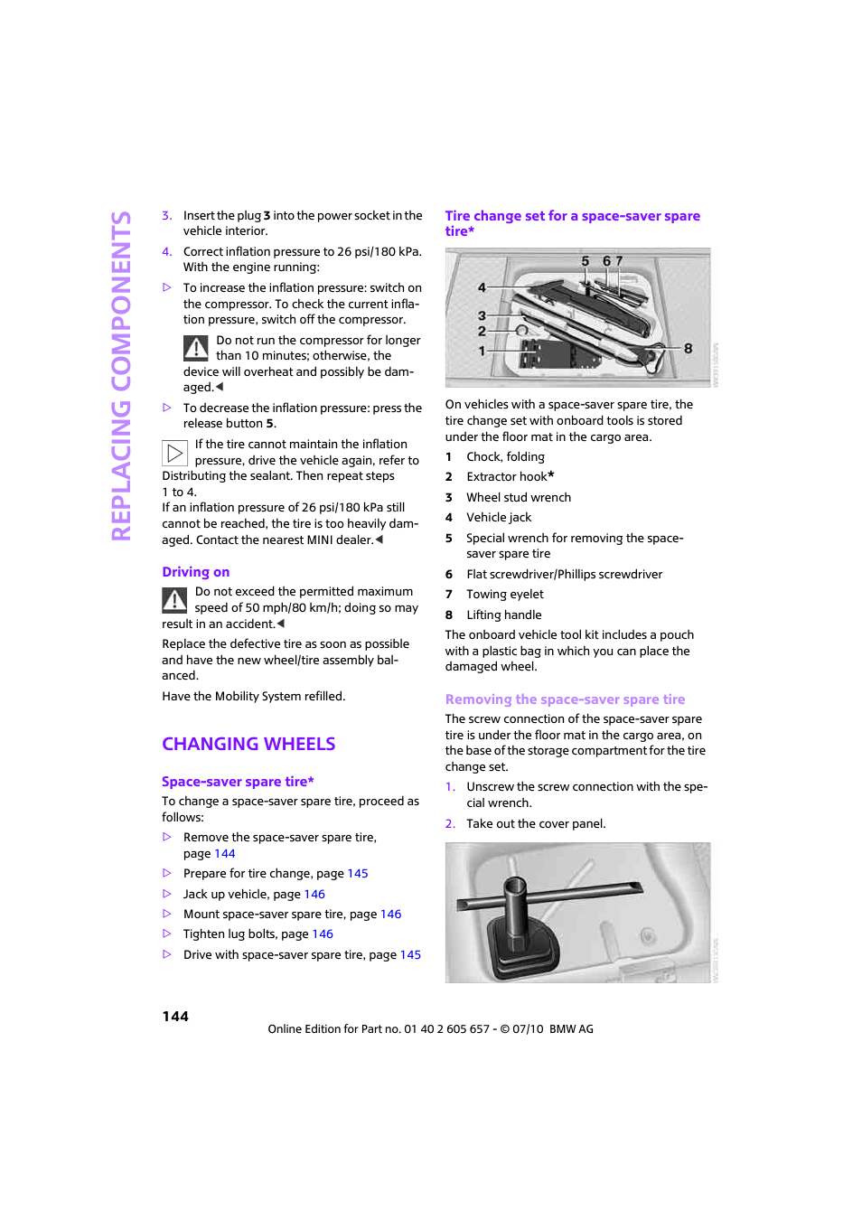 Changing wheels, Re p la c ing co mp o n en ts | Mini 2011 Cooper Convertible User Manual | Page 146 / 186