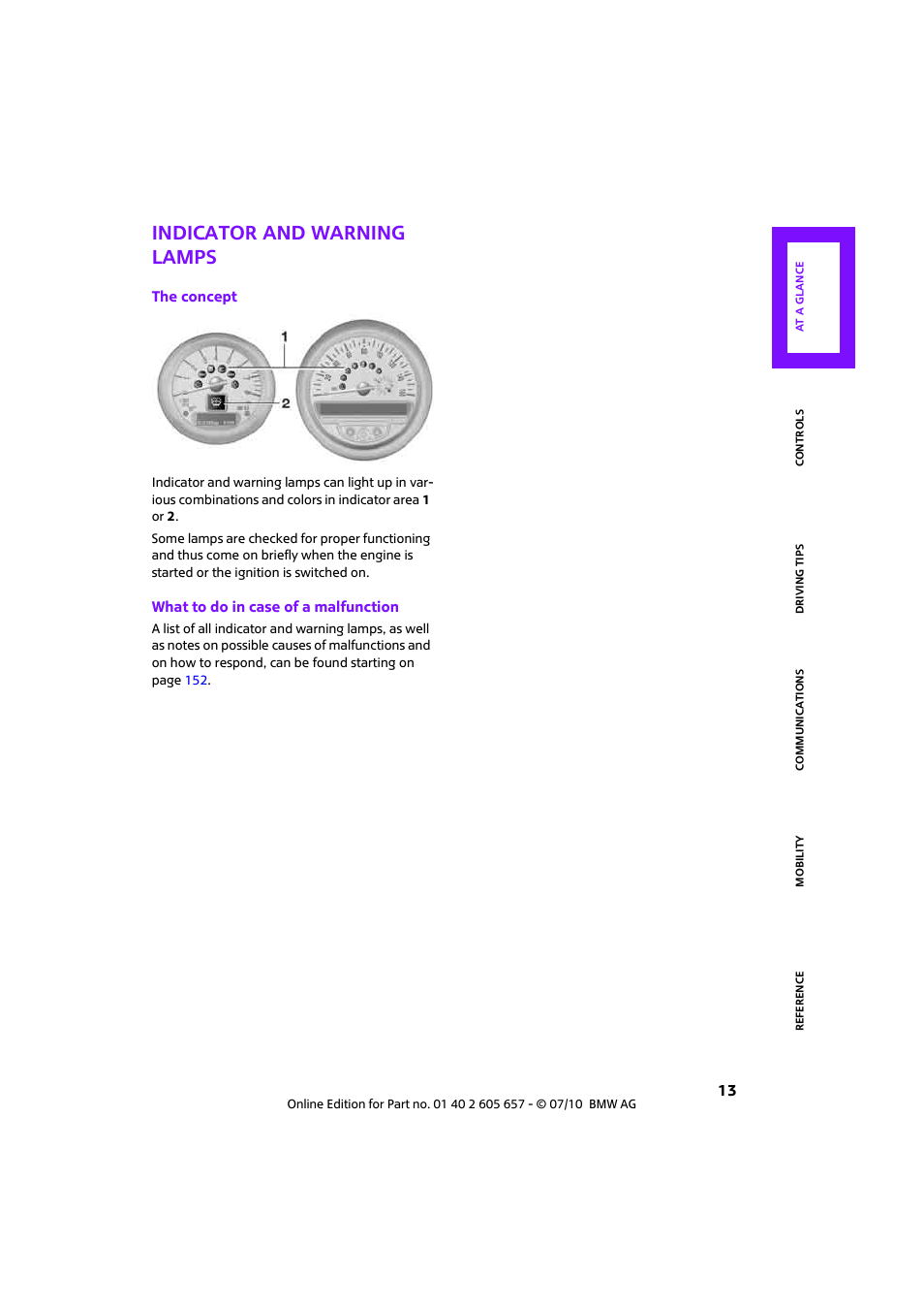 Indicator and warning lamps | Mini 2011 Cooper Convertible User Manual | Page 15 / 186