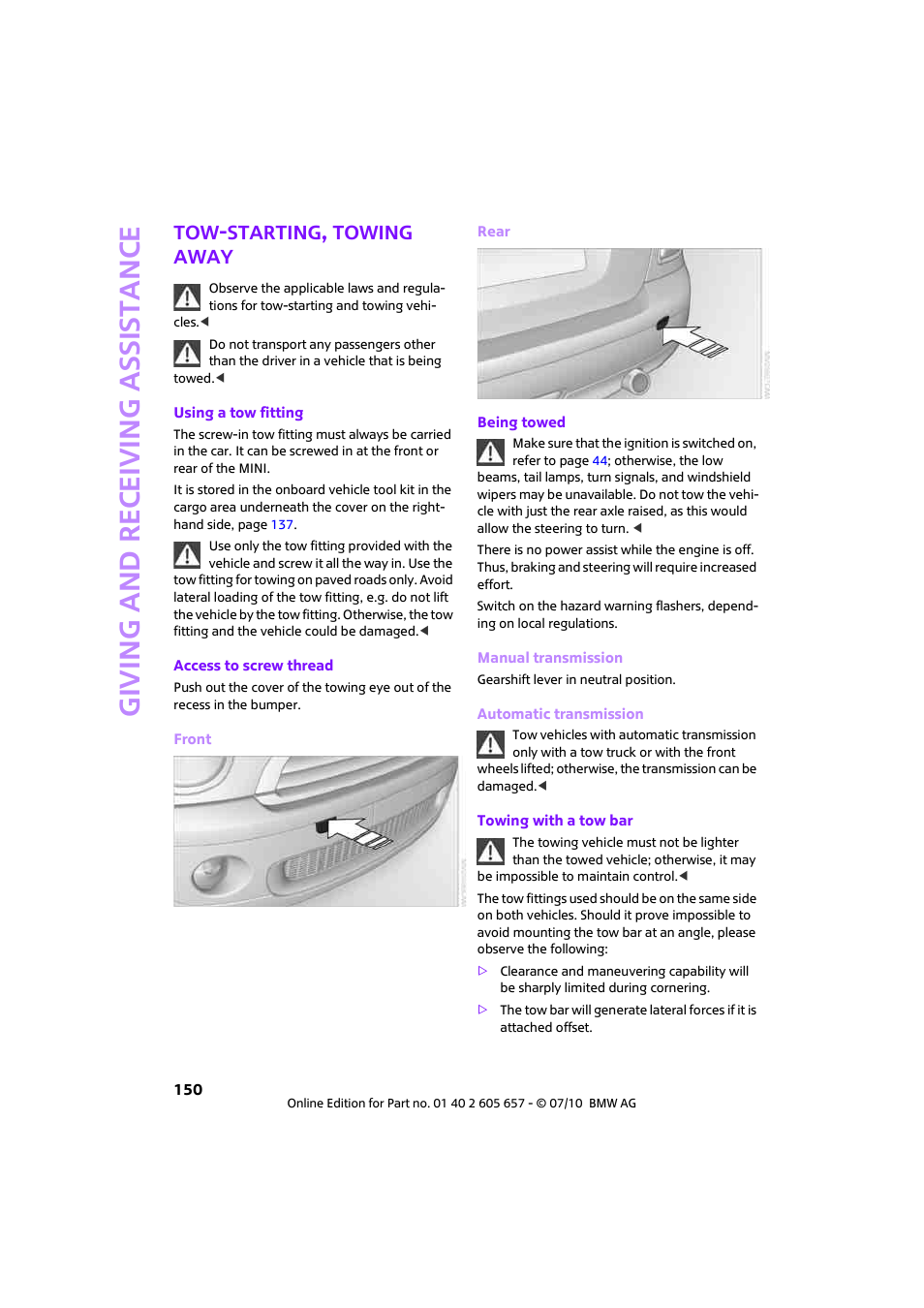 Tow-starting, towing away, Giving and receiving assi stance | Mini 2011 Cooper Convertible User Manual | Page 152 / 186