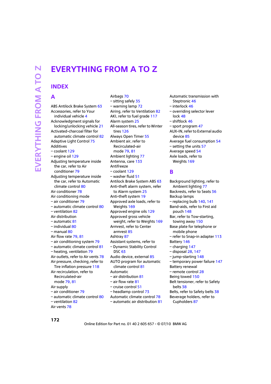 Everything from a to z, Index, Every th ing from a to z | Index a | Mini 2011 Cooper Convertible User Manual | Page 174 / 186