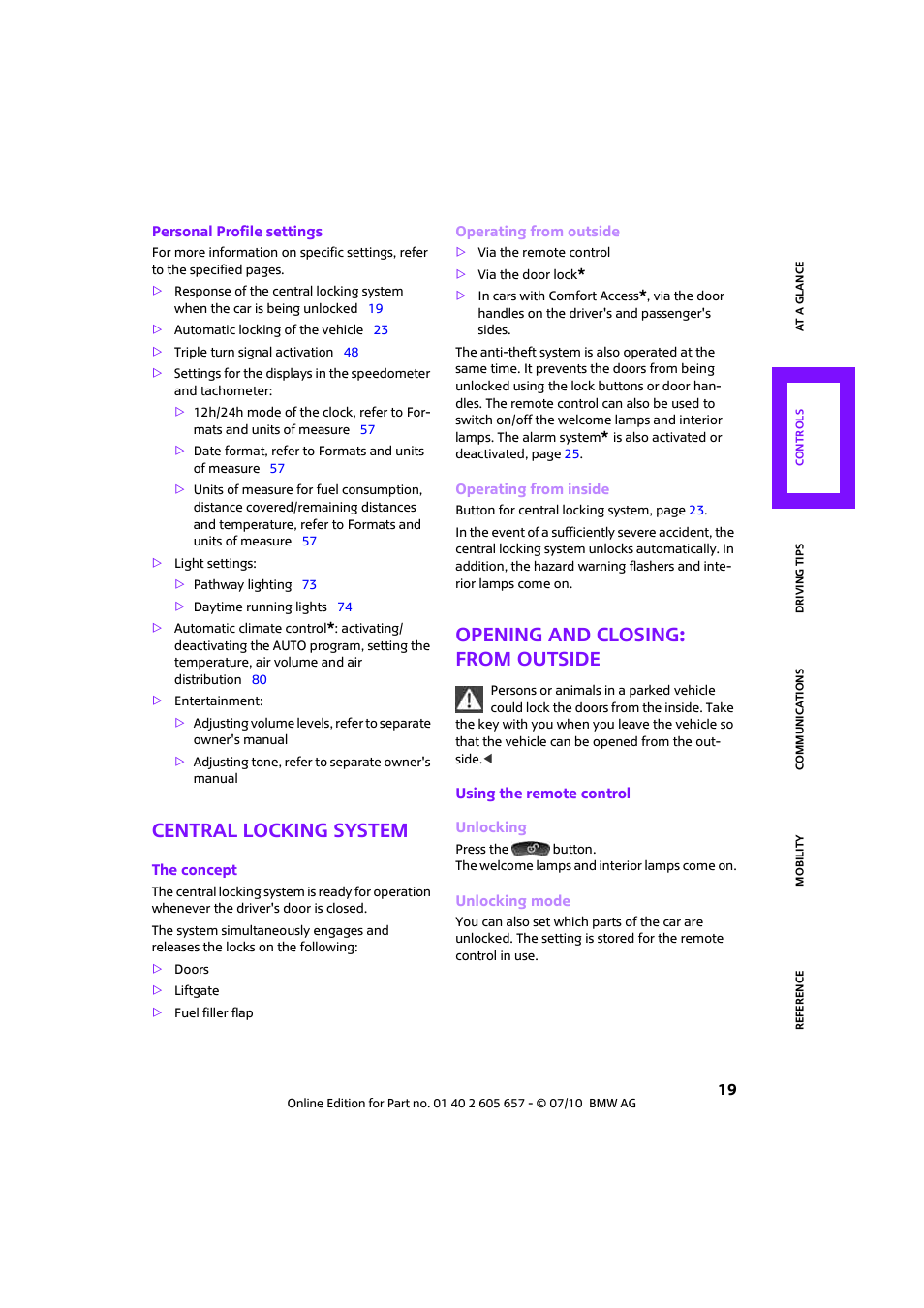 Central locking system, Opening and closing: from outside | Mini 2011 Cooper Convertible User Manual | Page 21 / 186