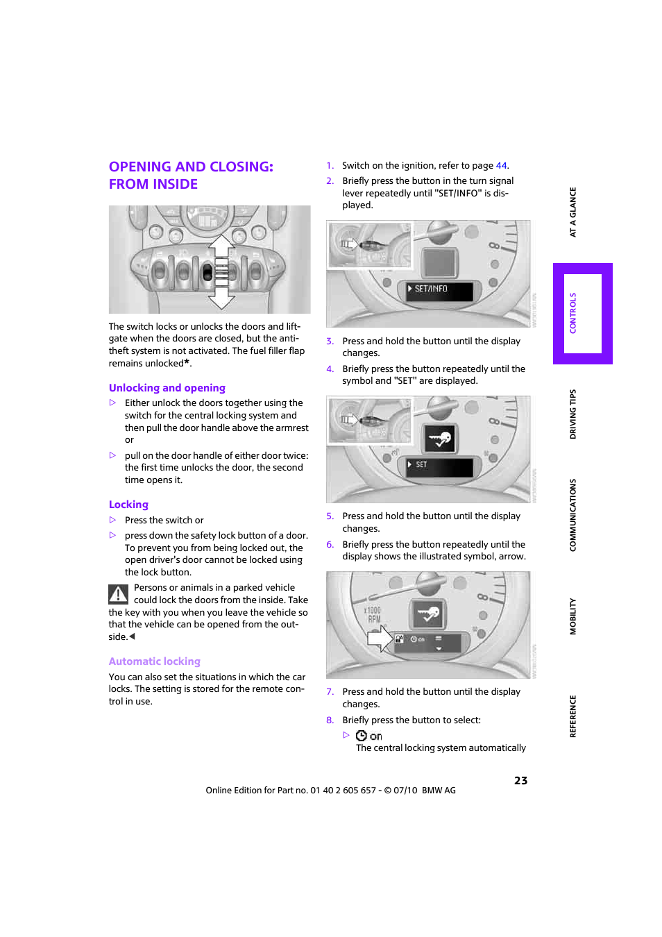 Opening and closing: from inside | Mini 2011 Cooper Convertible User Manual | Page 25 / 186