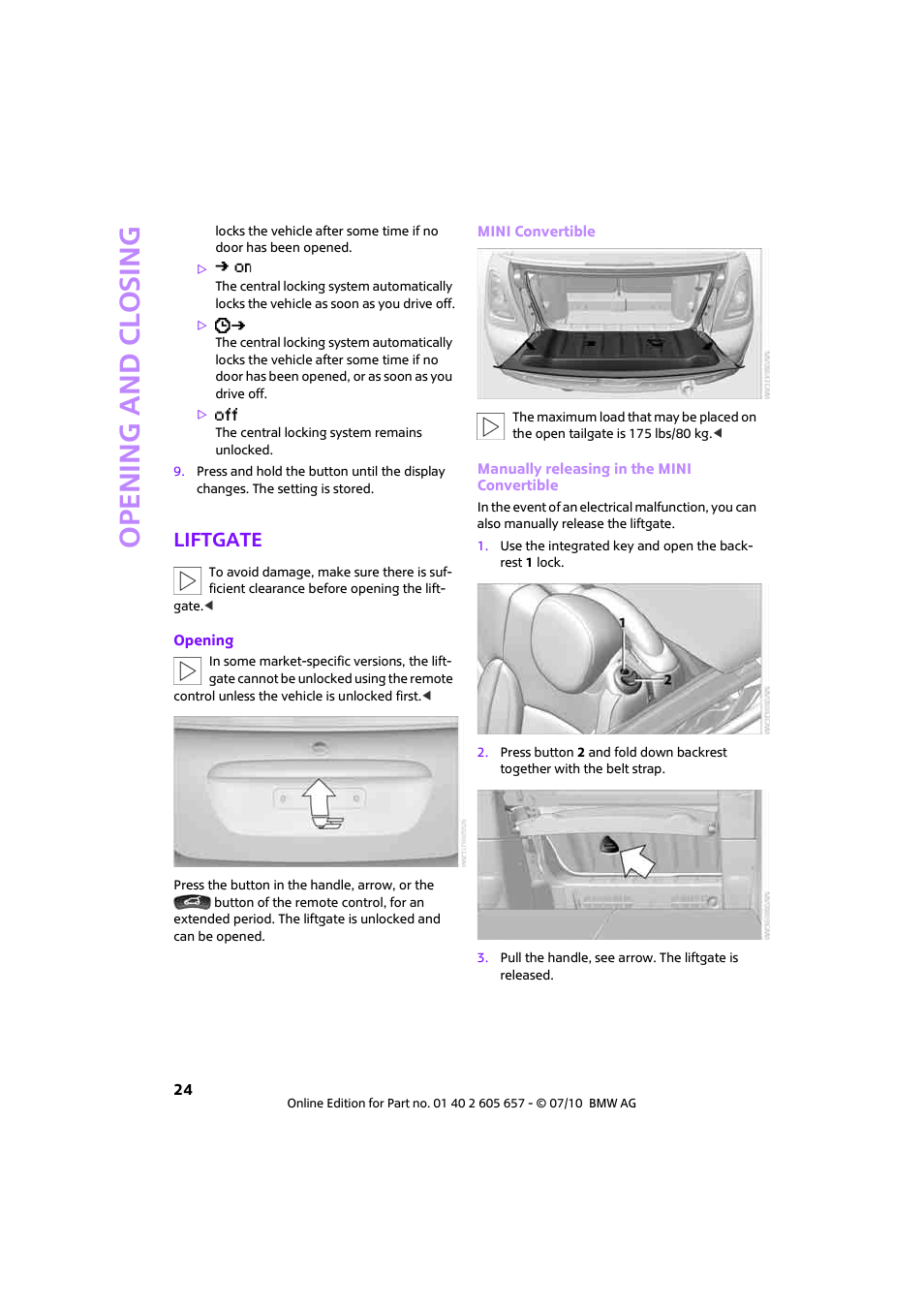 Liftgate, Open ing and closing | Mini 2011 Cooper Convertible User Manual | Page 26 / 186